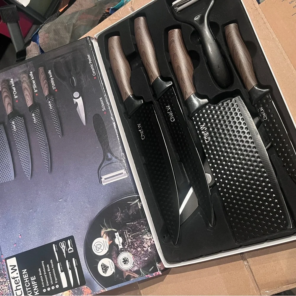 Black Textured 6-Piece Kitchen Knife Set for Men Grooming